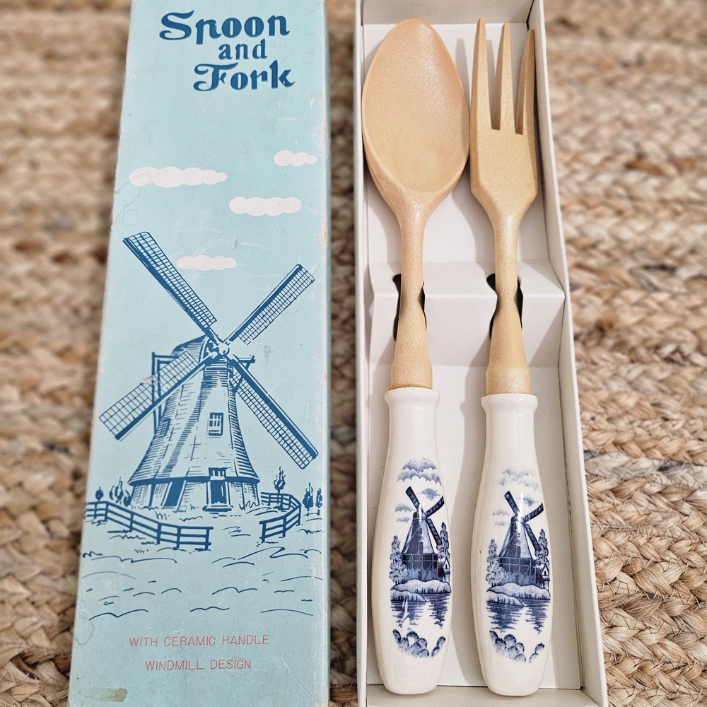 Vintage Ceramic Handle Spoon and Fork Set with Windmill Design